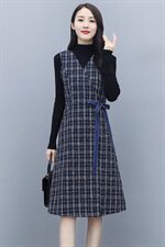 2021秋冬款小香风个性减龄连衣裙长袖拼色格子优雅显瘦两件套，女装套装/套裙，瑶迪依秀