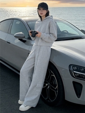 女春款欧货时尚休闲套装灰色连帽开衫上衣宽松软糯阔腿长裤两件套，女装套装/套裙，江南
