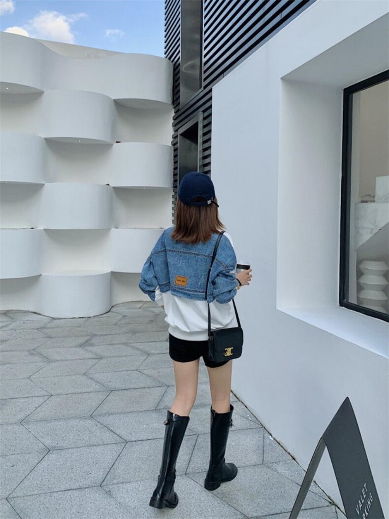 刺绣小熊牛仔拼接针织卫衣，女装卫衣/绒衫，转角爱尚