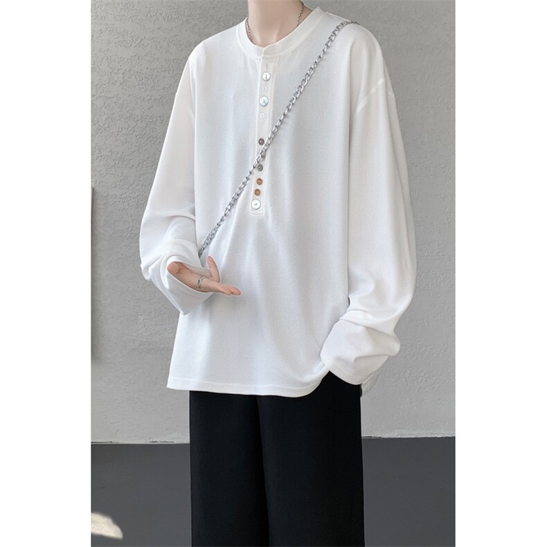 8XL-M 慵懒肌理感华夫格廓形云母贝纽扣长袖T恤打底长袖CX3006P48图片