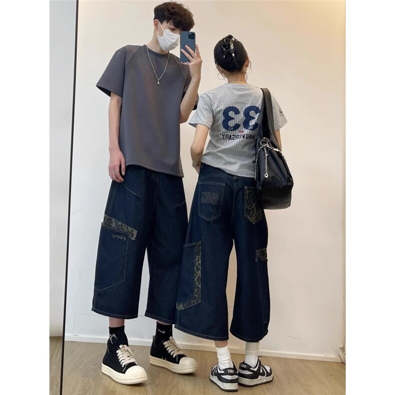 美式街头豹纹牛仔七分裤男女2025夏季宽松阔腿弯刀裤DA6130-P50,男装牛仔裤,星座208-5