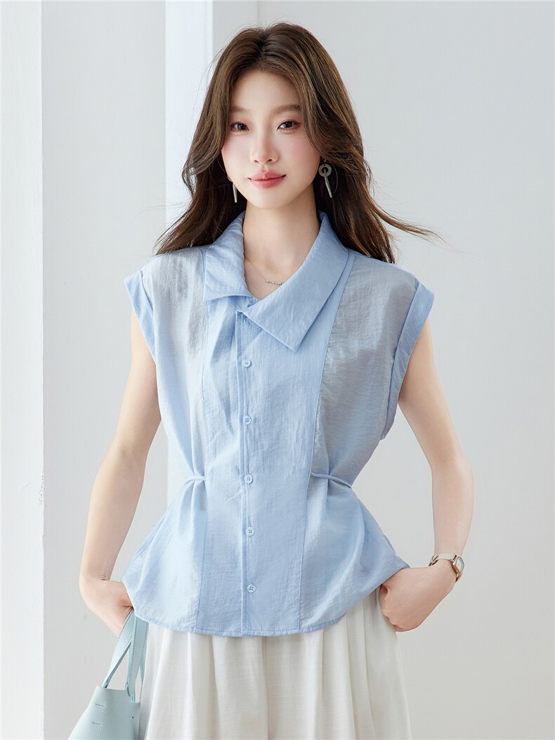 现货2026年夏季设计感时尚优雅无袖收腰不对称翻领女士衬衫,女装衬衫,木子恋