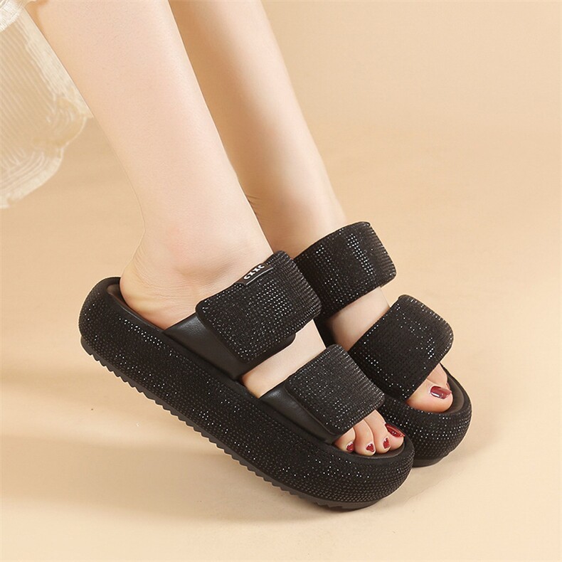 烫钻一字凉拖鞋女外穿厚底2024夏季新款洋气休闲百搭凉拖松糕半拖，女鞋拖鞋，星座1407-3