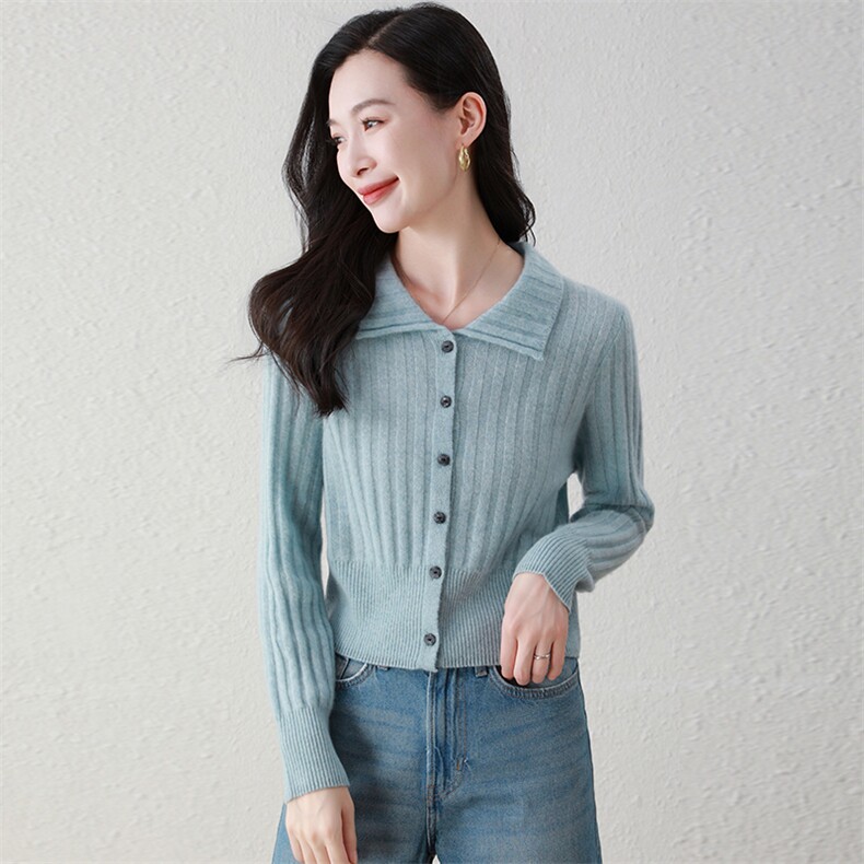 翻领Polo衫羊绒衫洋气短款休闲针织衫收腰显瘦百搭开衫羊毛衫女款，女装羊绒衫，阿舍尔精品