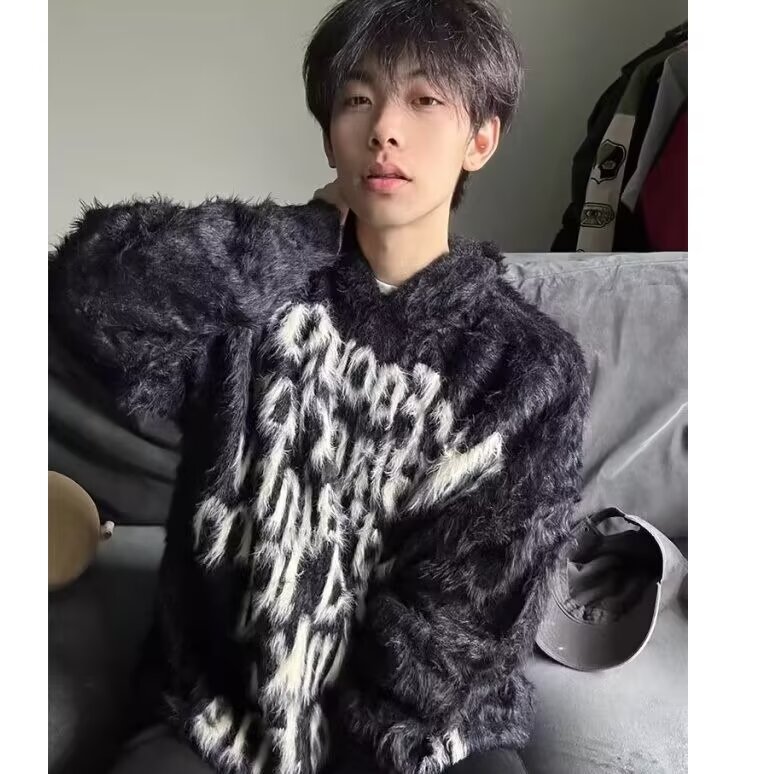 美式连帽仿貂绒毛衣男秋冬款慵懒风潮牌字母提花毛茸茸针织衫外套,男装针织衫/毛衣,星座506A