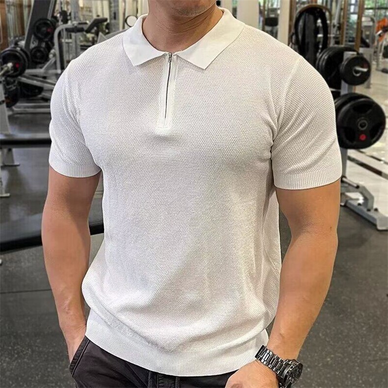 男夏季翻领polo拉链休闲半袖运动健身纯色透气时尚百搭短袖TM824,男装T恤,星座1116A-2（原606A-1）