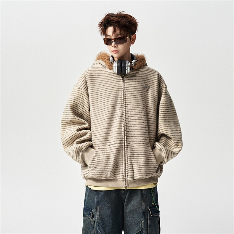 有长图华棉秋冬宽松开衫磨毛卫衣男复古条纹连帽外套WY00891/P150，女装短外套，电商B316