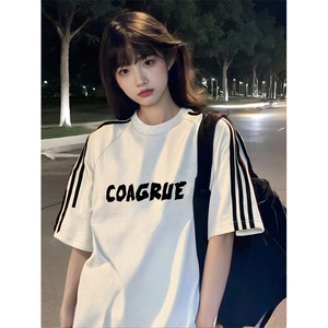 抖音得物高品质二开240克宽松纯棉美式潮牌三条杠织带短袖T恤图片