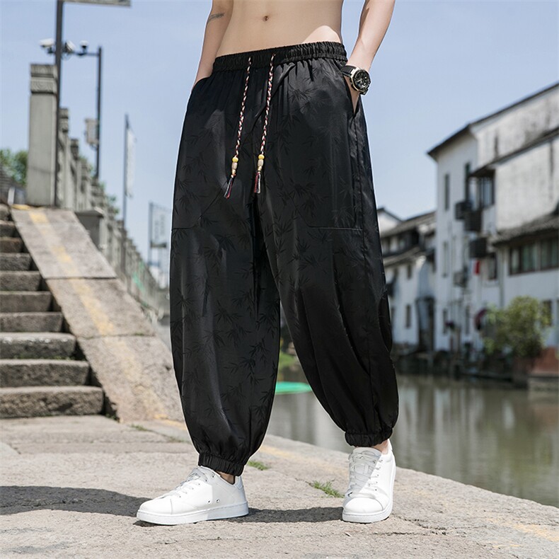 夏季风冰丝空调裤裤子宽松束脚潮流男休闲裤薄款提花垂感透气,男装休闲裤,电商A011（原4039）
