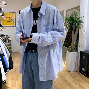 盐系衬衫雾霾蓝轻熟风男装搭配春秋穿搭ins超火服条纹衬衣-C383图片