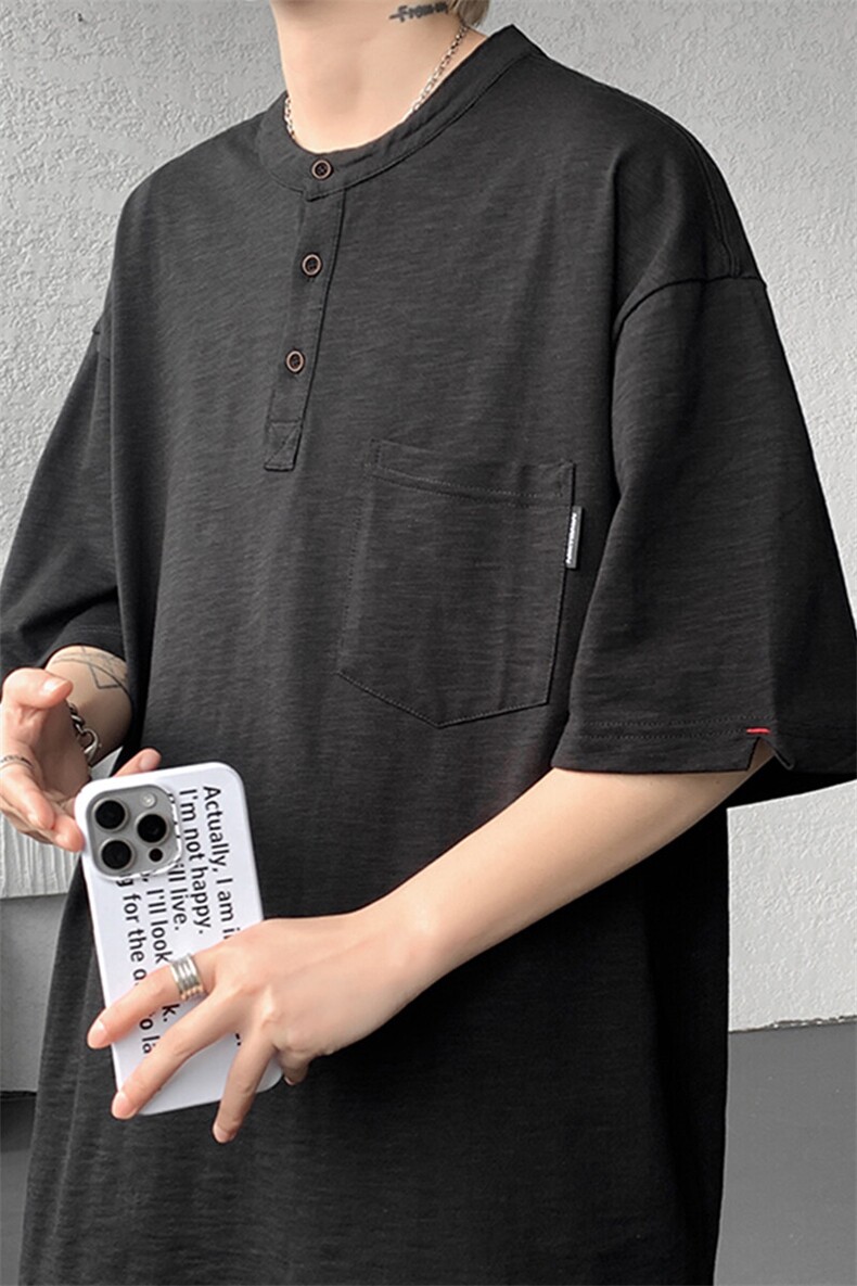 8XL-M亨利领亚麻短袖t恤男弹力大码宽松半袖开衩设计体恤DT002P45,男装T恤,电商B312