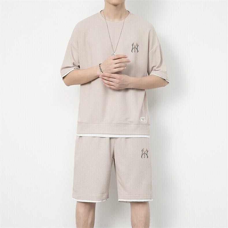 7538-P55华夫格短裤套装男士夏季冰丝短袖男装一套搭配休闲运动服,男装休闲套装,电商D310B-1