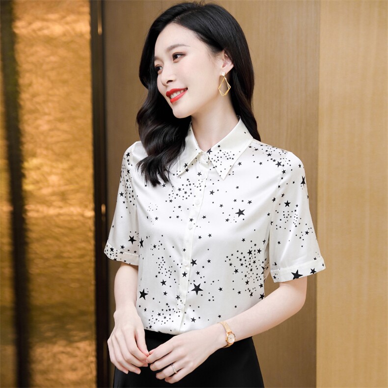 大牌真丝衬衫女短袖印花杭州桑蚕丝上衣衬衣气质小衫半袖2025夏装,女装衬衫,阿舍尔精品