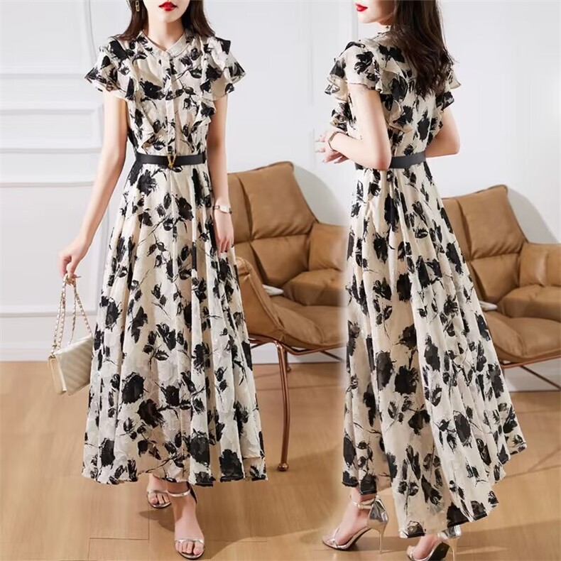 法式印花荷叶边连衣裙女夏季2026新款气质显瘦收腰裙子女款长裙夏，女装连衣裙，尚洛菲