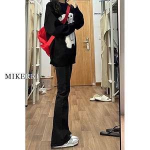 1506-1/GD080/P32黑色微喇牛仔裤女秋冬大码图片