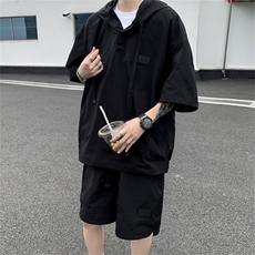 夏季轻薄透气防晒连帽短袖短裤两件套男潮流简约纯色宽松休闲套装，男装牛仔裤，星座505-2（原电商A260-1)