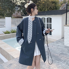 法式蕾丝拼接风衣外套女韩版宽松2025年春季新款中长款大衣，女装西装，牡丹诺