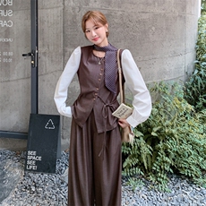 韩系复古拼接衬衫阔腿裤套装女2025秋季新款高级感气质显瘦两件套，女装套装/套裙，2C253