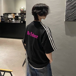 抖音得物高品质二开240克宽松纯棉美式潮牌三条杠织带短袖T恤图片