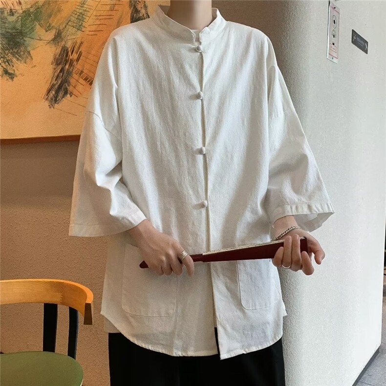 夏季棉麻短袖衬衫男新中式风唐装衬衫盘口上衣C4519-P40图片