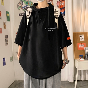 LD54244-P45 NASA连帽短袖t恤男大码胖子带帽五分袖中袖图片