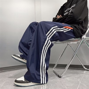 美式复古街头三杆条纹男女宽松直筒速干休闲长裤阔腿裤薄款 K7141图片