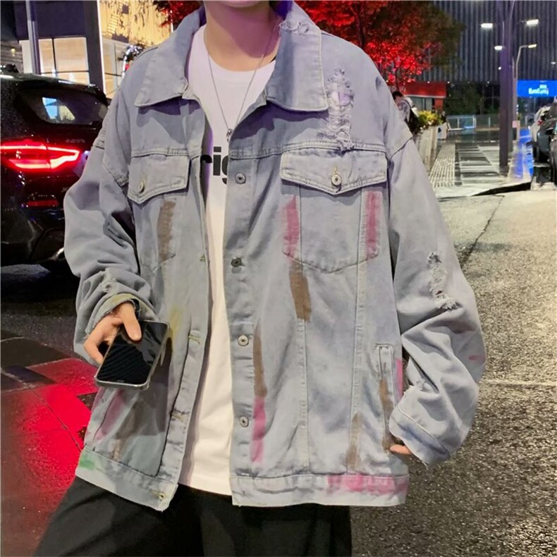 痞帅炸街牛仔外套男秋季宽松破洞夹克ins港风休闲上衣JK3001-P65图片