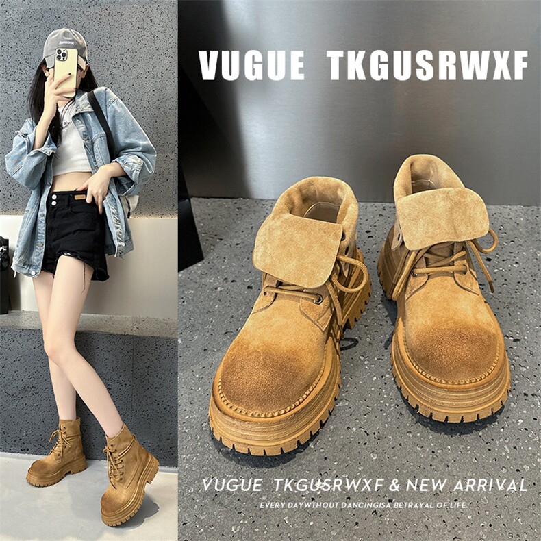 真皮复古翻盖马丁靴女2024秋冬新款黄色单靴厚底两穿短靴大黄靴潮,女鞋马丁靴,电商A223