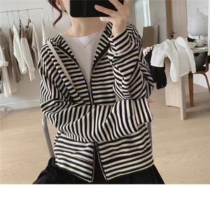 早春新款 宽松休闲条纹个性连帽开衫外套,其它,那简