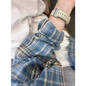 复古磨毛格子衬衫男长袖外套春秋款蓝色高级感内搭衬衣服 CS006图片