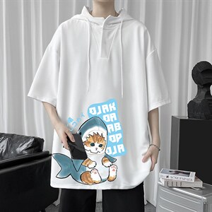 LD54217-P45 连帽短袖t恤男大码胖子带帽五分袖中袖图片