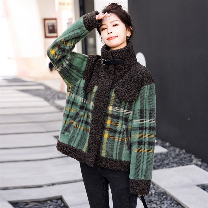 羊羔绒皮毛一体外套女冬2025新款百搭格子加厚今年流行棉衣女大衣,女装棉衣/棉服,意芙