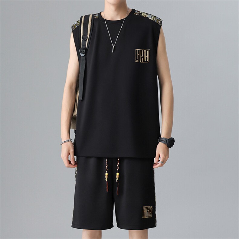 刺绣夏季休闲运动套装男背心短裤两件套拼接小熊A266-TZ2207-P43,男装牛仔裤,电商A266