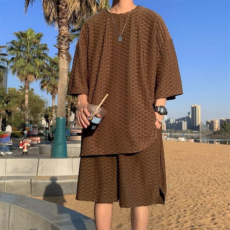 港风夏款男运动套装短袖T恤短裤蛇皮提花运动套装TZ17 P55图片