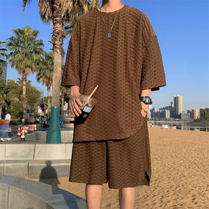 港风夏款男运动套装短袖T恤短裤蛇皮提花运动套装TZ17 P55图片