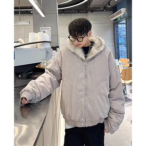 现货高品质美式高街冬季重磅硬挺短款座山雕毛领棉衣男女加厚外套图片