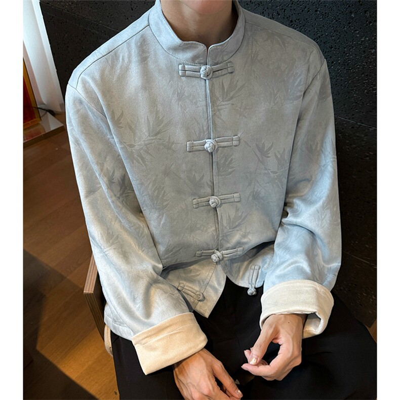 现货秋装新款男立领盘扣麂皮绒烫金竹叶外套夹克JK1818-P110控158,男装夹克,电商A021