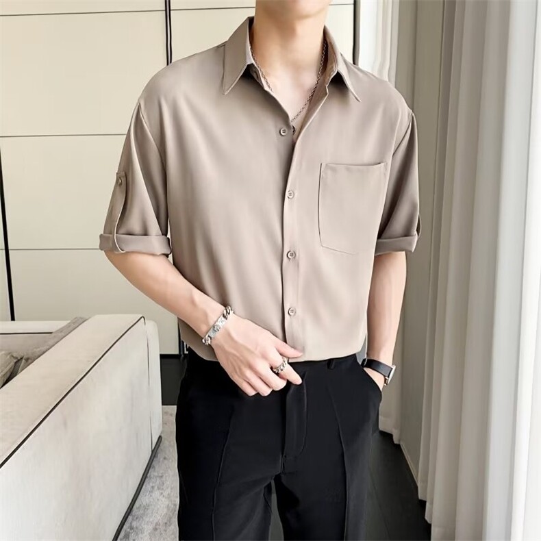 轻熟风痞帅衬衫男短袖韩版潮流七分袖衬衣夏季宽松高级感上衣C13,男装衬衫,星座1116A-2（原606A-1）