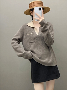 HE|撞色设计奢级baby山羊绒衫女翻领针织衫宽松毛衣带兜打底衫