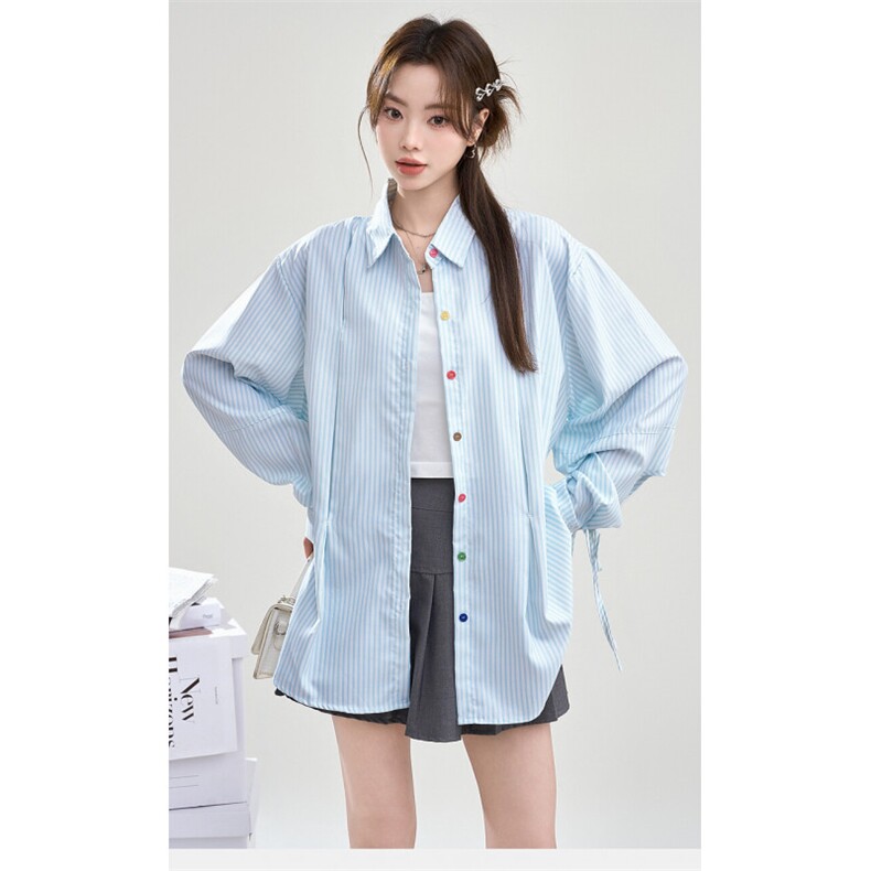 TC570-P45新款彩色纽扣系带条纹长袖防晒衬衫女薄款宽松衬衣外套,女装衬衫,星座617A-2