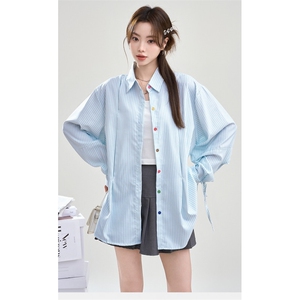 TC570-P45新款彩色纽扣系带条纹长袖防晒衬衫女薄款宽松衬衣外套图片