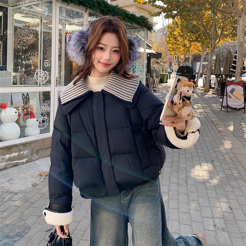针织翻领蓝色短款泡芙羽绒服女冬季超火好看高级小众加厚保暖外套,女装羽绒服,2D034