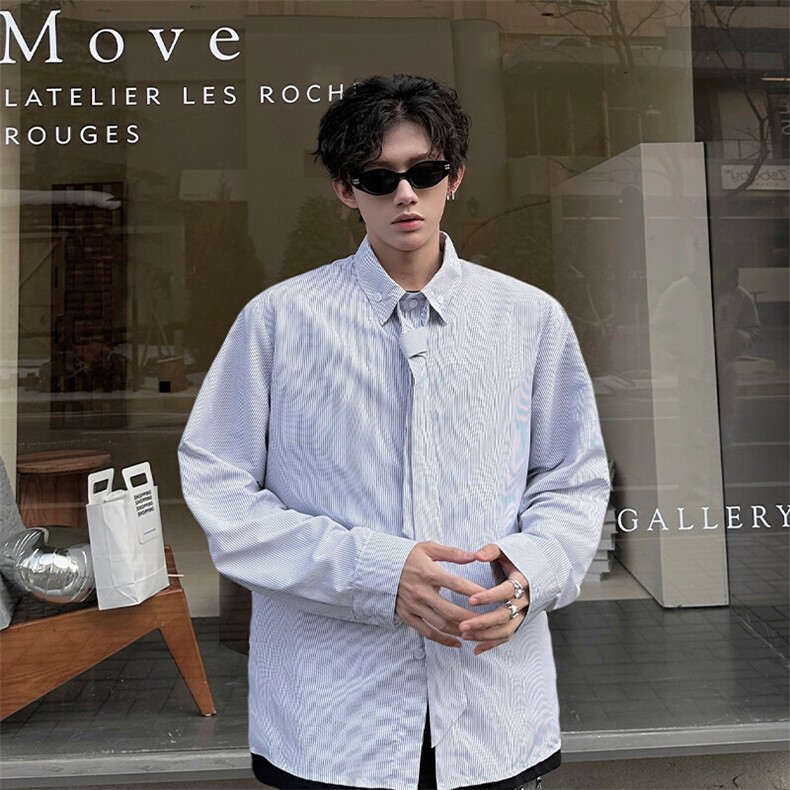 25年春夏新款学院风条纹衬衫搭配可拆卸领带条纹外套衬衫特P35，男装衬衫，电商B319