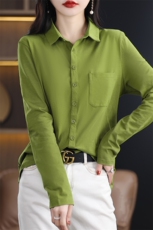 舒适弹力棉长袖衬衣女设计感小众时尚宽松韩版衬衫POLO领开衫新，女装衬衫，臻维羊绒