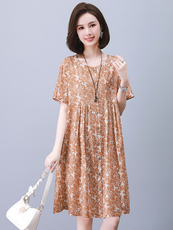 棉麻连衣裙2025夏季新款中年妈妈碎花洋气时尚遮肚子宽松显瘦a裙，女装连衣裙，悦见她