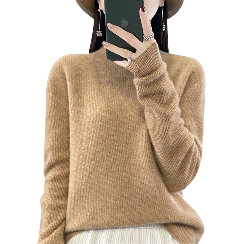 新款女士半高领羊毛衫桂花针纯色时尚百搭显瘦保暖毛衣,女装羊毛衫,九嘉羊绒