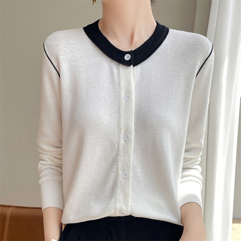 法式精纺羊毛上衣春秋冬女撞色圆领毛衣开衫简约针织打底衫外套25，女装羊毛衫，尚雪电商供货