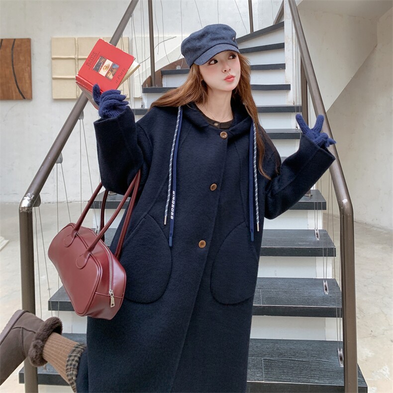 黑色学院风连帽呢大衣女2025冬季新款深灰色时尚高级感毛呢外套,女装毛呢外套,2D014