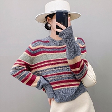 HE|色彩如阳拼色加厚baby山羊绒衫女圆领宽松针织衫慵懒风毛衣，女装针织衫/毛衣，国旺羊绒