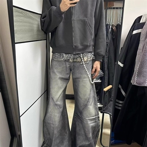 美式腰带印花牛仔裤男宽松慵懒松弛感镰刀裤潮牌廓形设计感阔腿裤图片